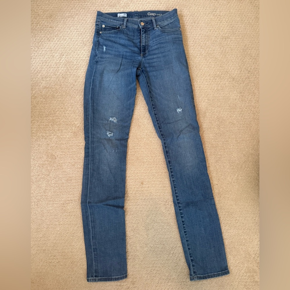 GAP Women’s Dark Blue Skinny Jeans with Light Distressing Long Length